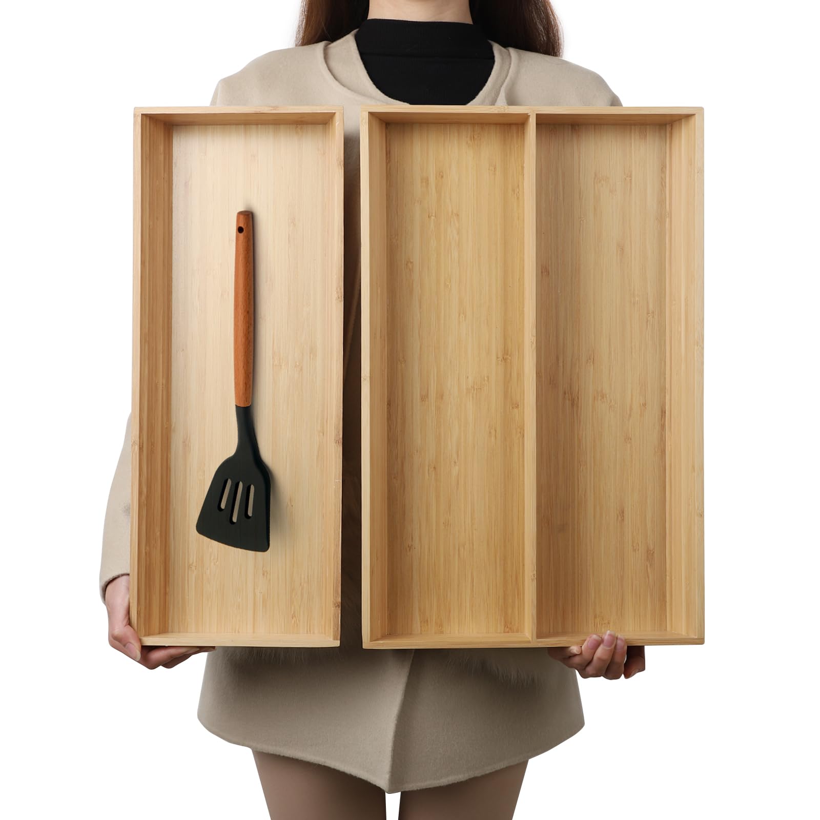 BAMOTTO 2-Piece V-Shaped Bamboo Drawer Organizer Set - Ideal for Kitchens Large Long Tableware, Cooking Utensils, Flatware, Sil