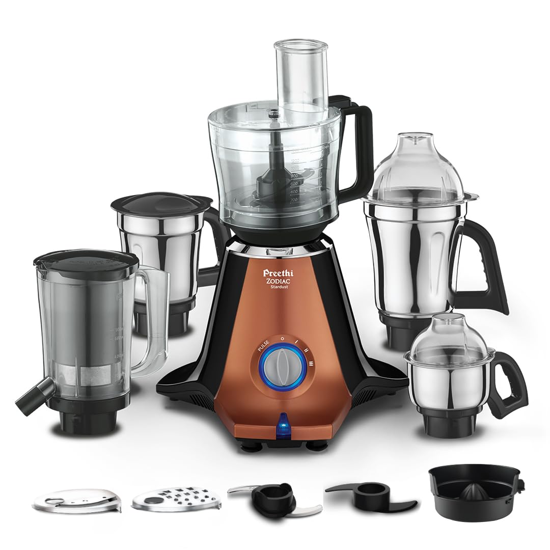 Preethi Zodiac Stardust Mixer Grinder + Food Processor I 750 Watt I 2Yr Guarantee & Lifelong Free Service I 5 Jars (3 Stainless 