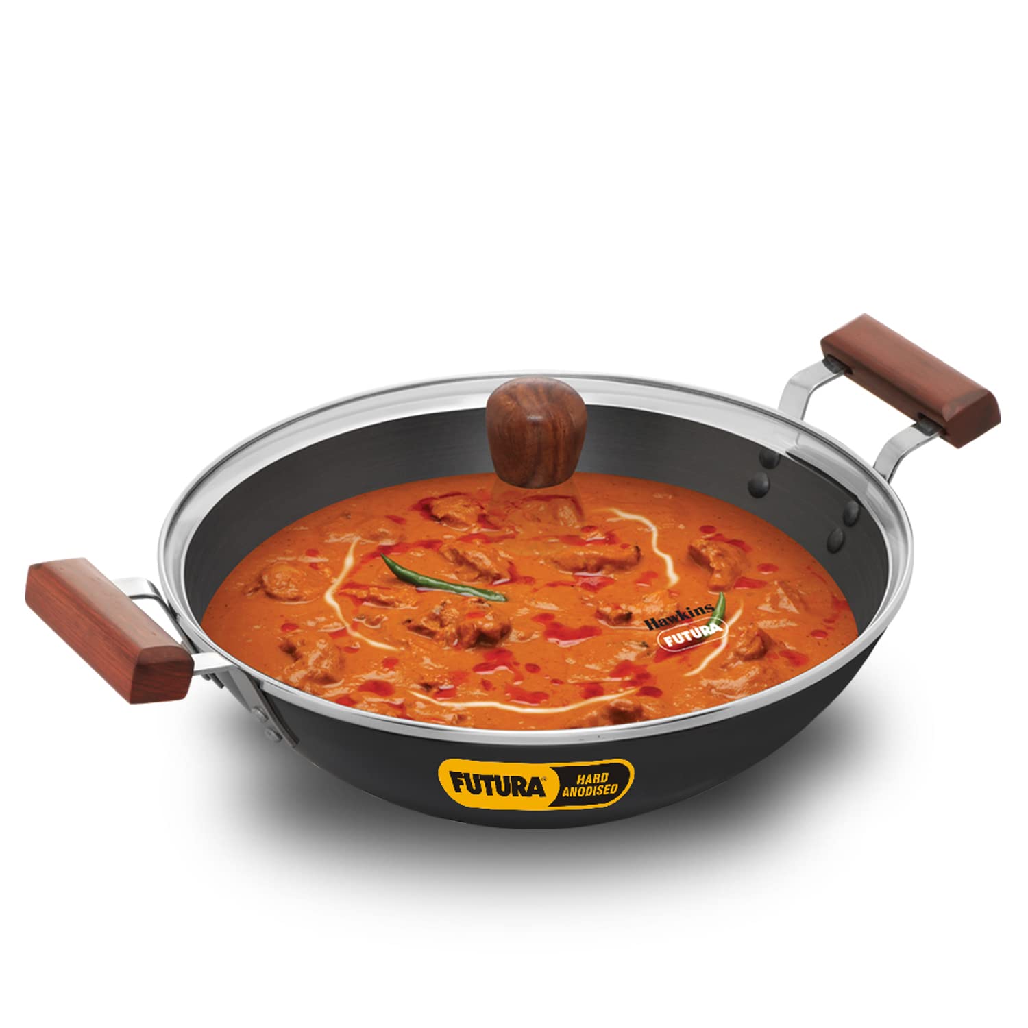 Hawkins Futura 3.75 Litre Deep-Fry Pan, Hard Anodised Kadhai With Glass Lid, Induction Frying Pan, Black (Iad375G)