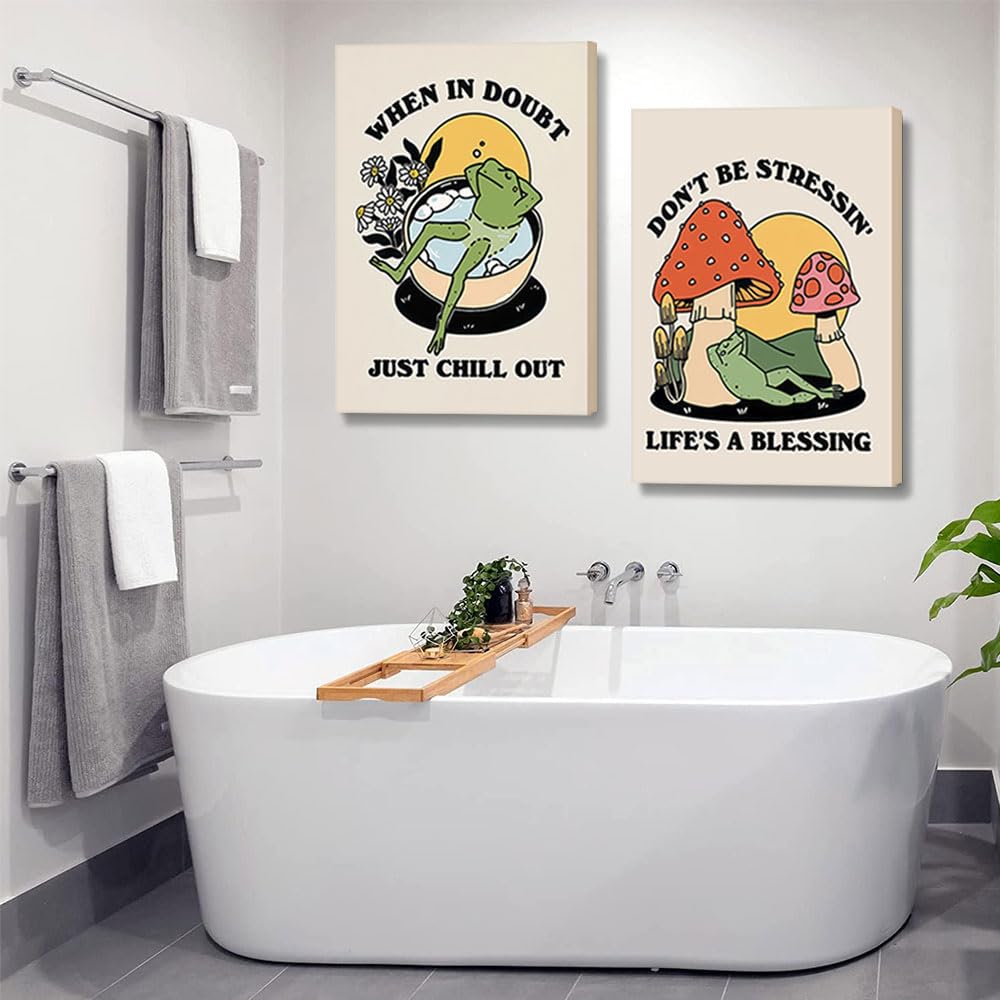 Framed Retro Meditating Frog Wall Art Carefree Frog Prints Vintage Frog Mushroom Picture Trendy 70S Aesthetic Poster Quote Wall