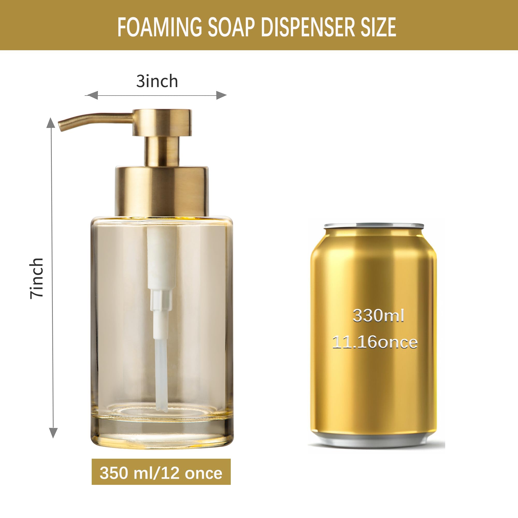 Enra Gold Foaming Soap Dispenser,12Oz Thick Glass Bathroom Soap Dispenser With Stainless Steel Pump,Dish Soap Dispenser,Soap Dis
