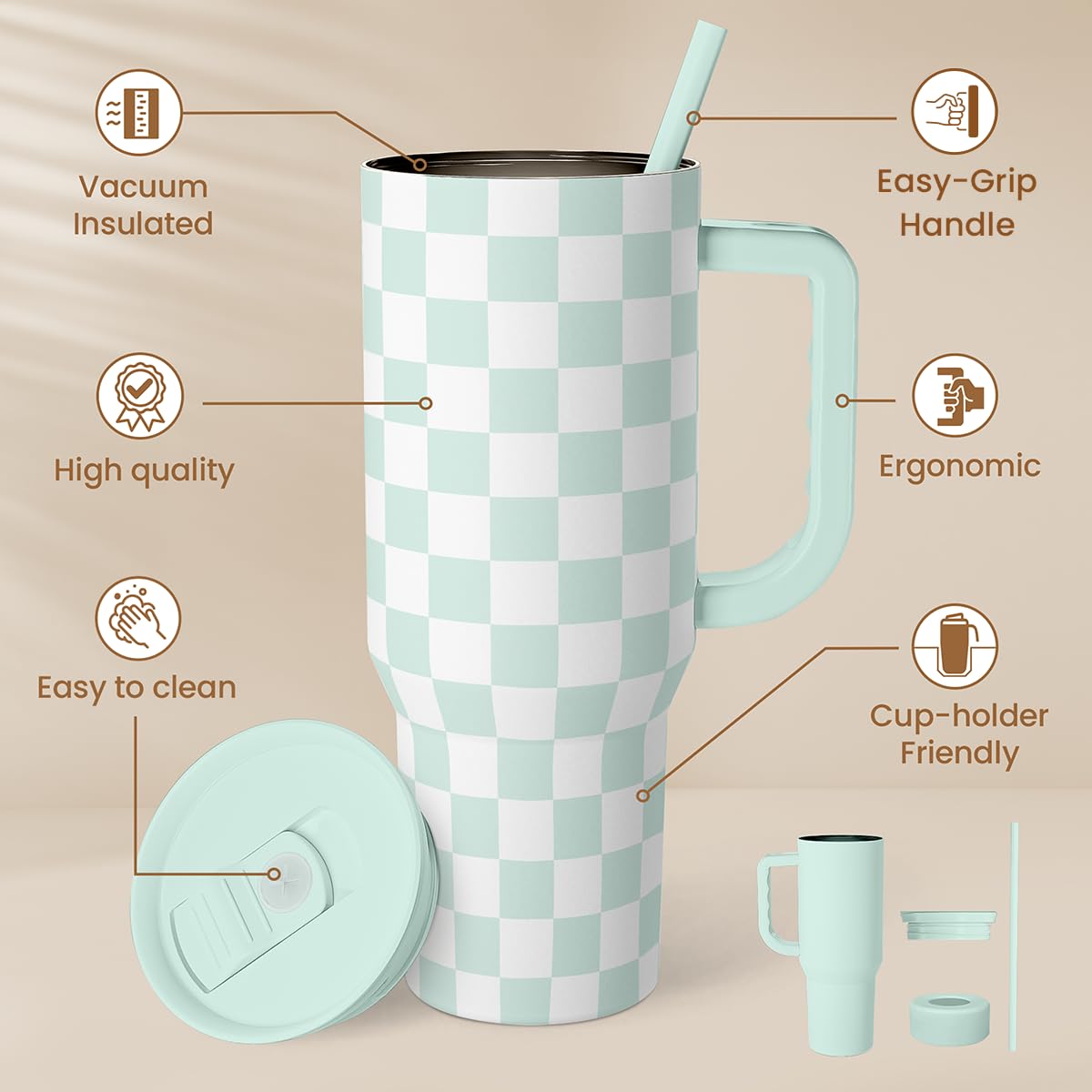 SANDJEST Checkered Tumbler with Handle 40oz, Mint Checker Cup Stainless Steel Insulated Tumblers Coffee Travel Mug Cups with Str