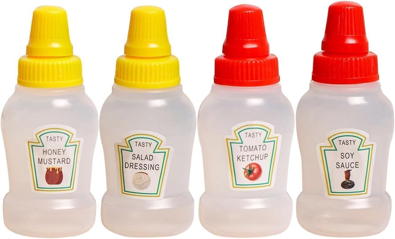 Enyolidimk 4Pcs Mini Ketchup Bottles, 25ml Refillable Condiment Squeeze Bottle Salad Dressing Tomato Bento Box Mayo Syrup Contai