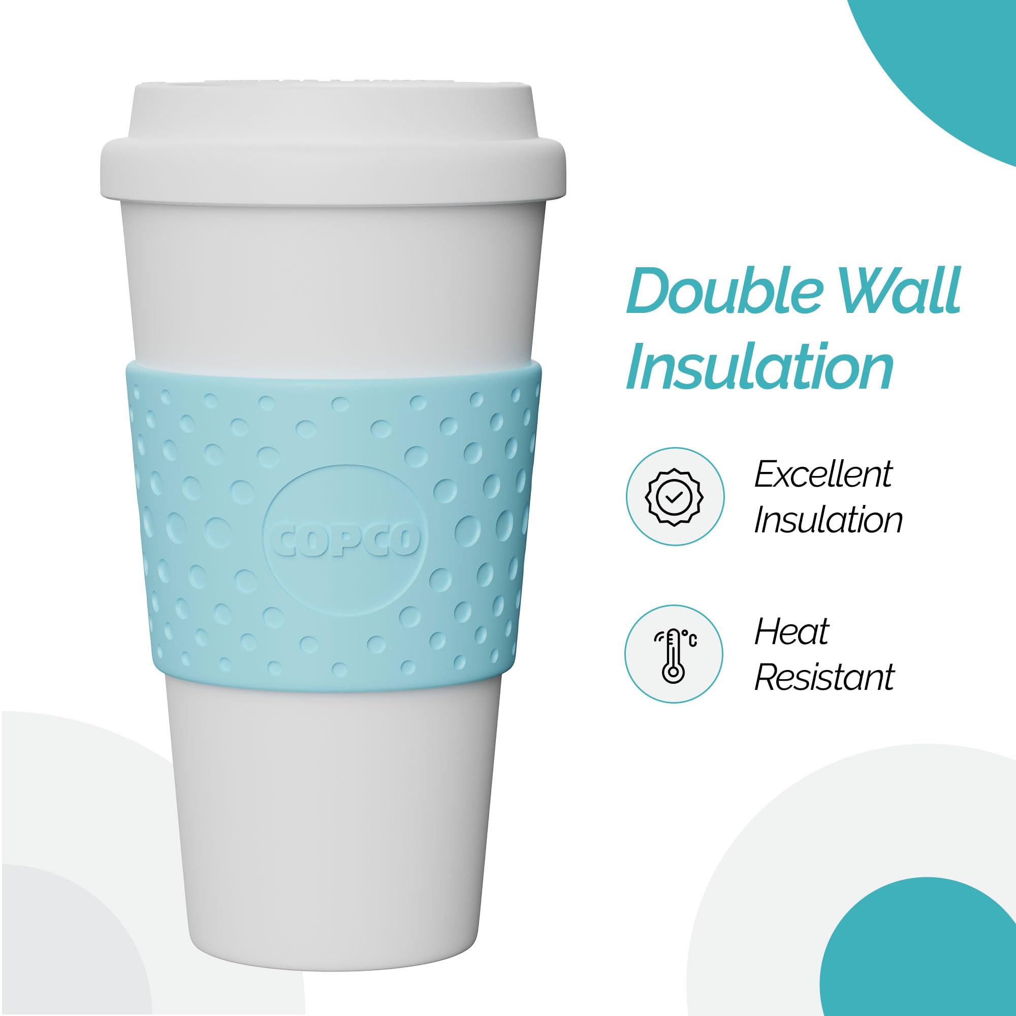 Copco Plastic Acadia Double Wall Insulated Travel Mug With Non-Slip Sleeve, 16 Ounce, Azure Blue