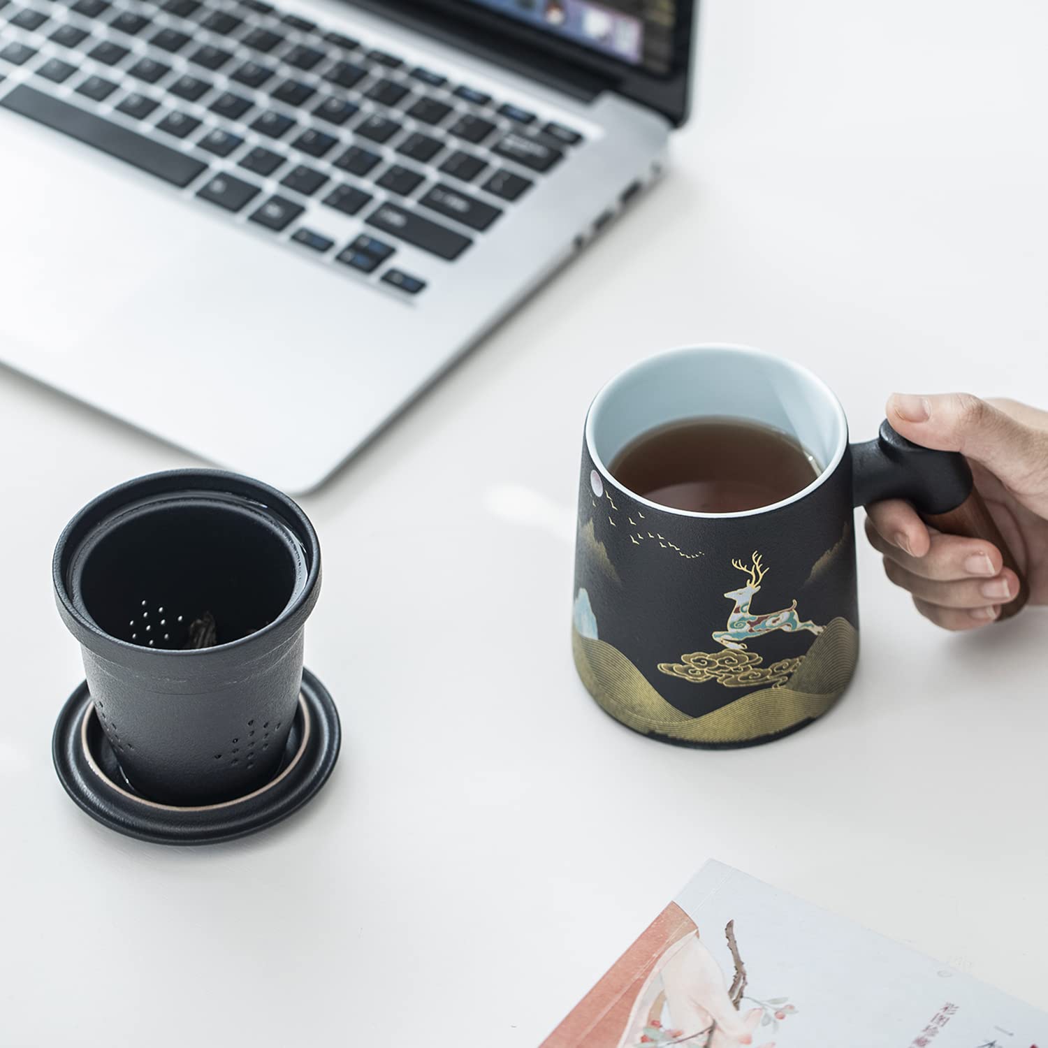 Taoci Ceramic Tea Mug With Infuser And Lid Tea Cup Moon Deer Mountain Creative Embossed Design Coffee Mug With Strainer And Wood
