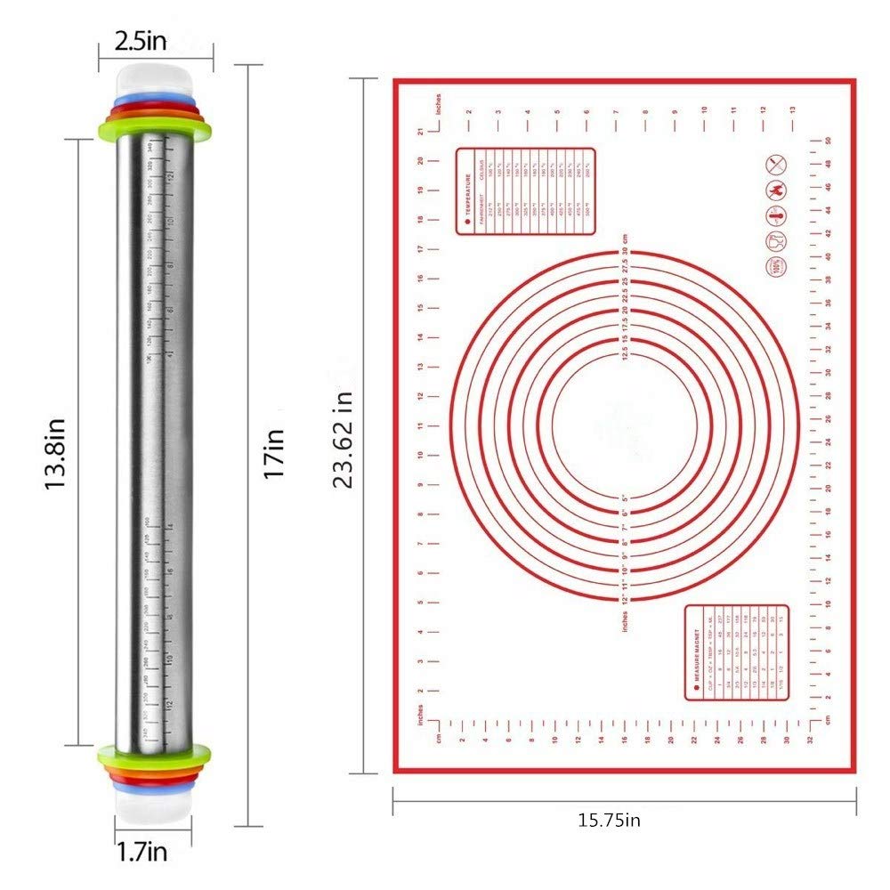 Rolling Pin Nonstick And Silicone Baking Pastry Mat Combo Kit, Adjustable Rolling Pin With Thickness Rings, Rolling Pin For Baki