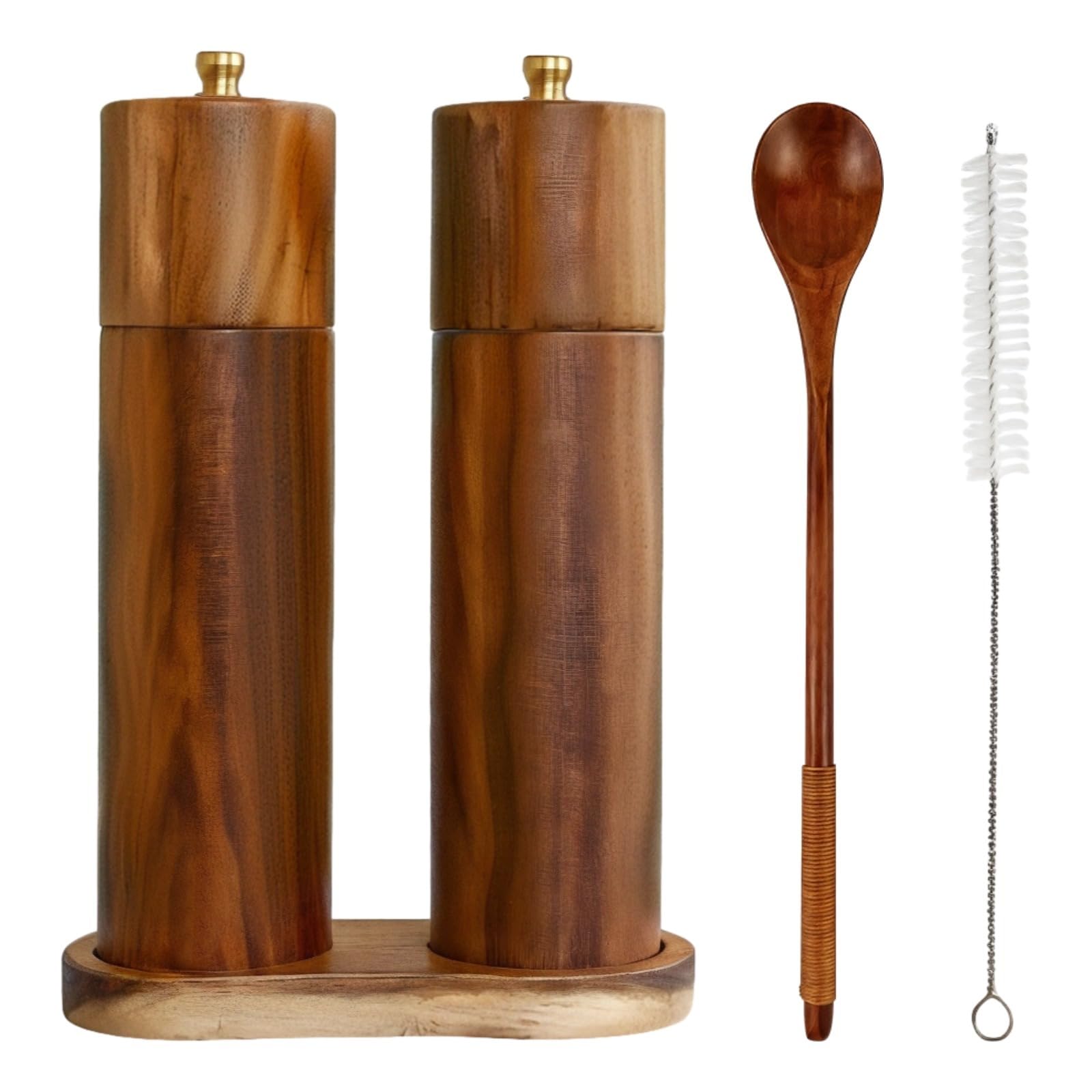 Manual Wooden Salt & Pepper Grinder Set, 8Inch Spice Mills With Adjustable Coarseness, Includes Base, Spoon & Brush
