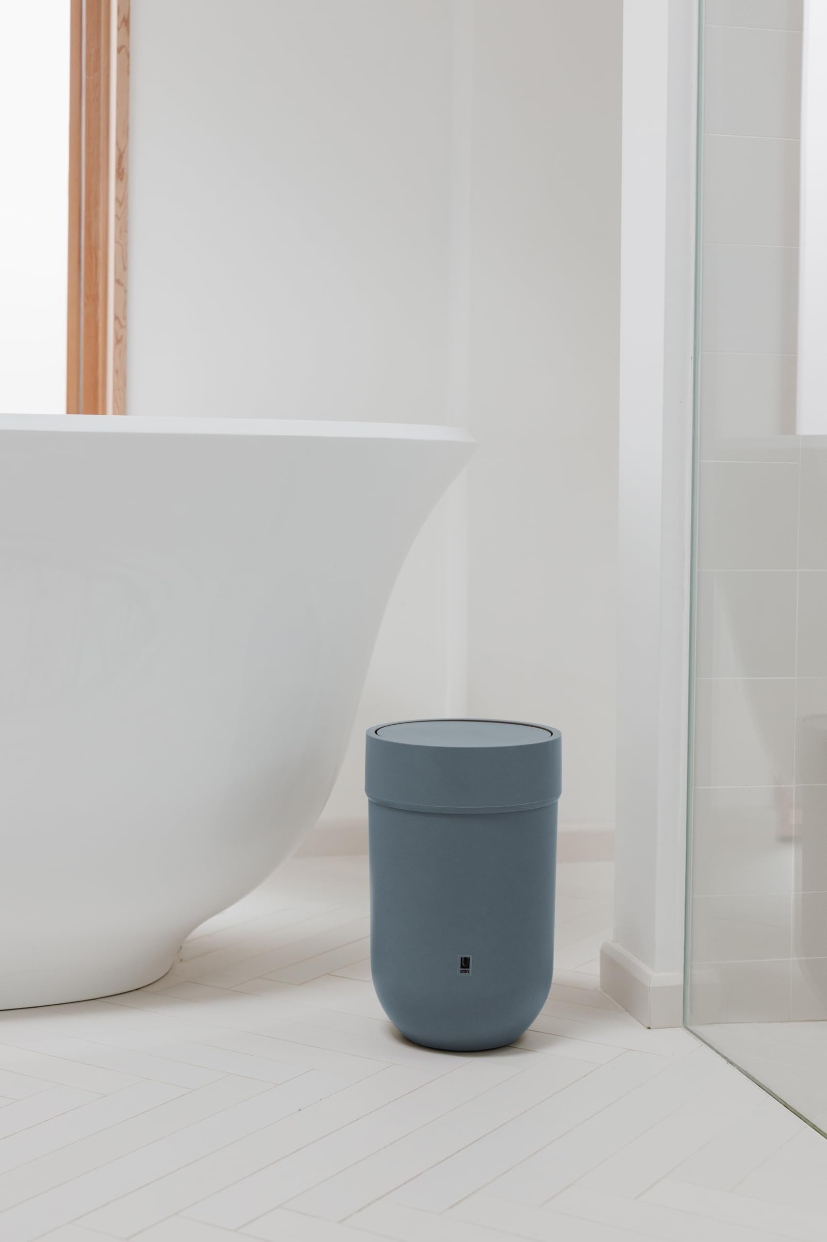 Umbra Touch Trash Can - Small Slate Blue Plastic Waste Basket with Lid, Model 023269-1050