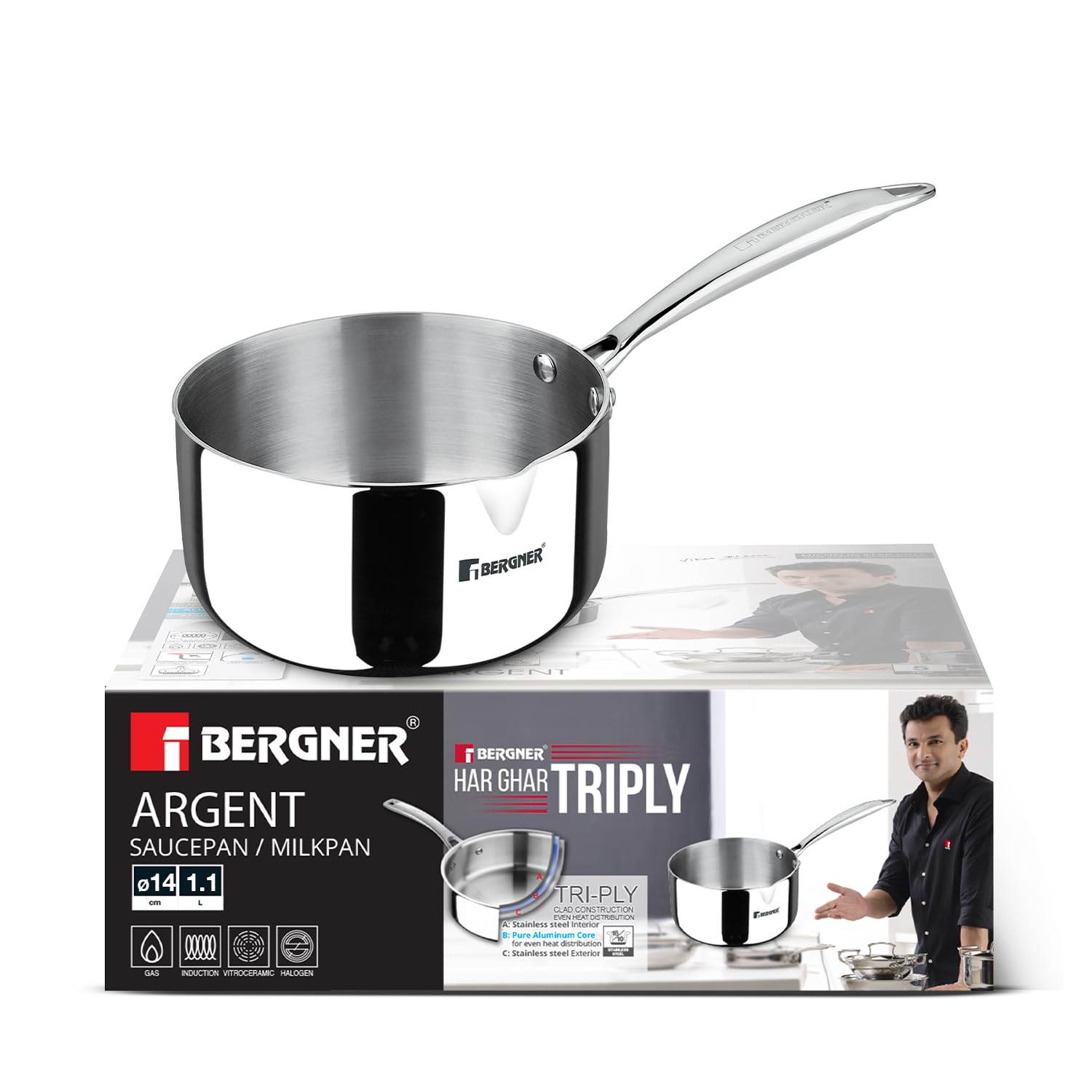 Bergner Argent Triply Stainless Steel 14Cm Milkpan/Saucepan, Stay Cool Cast Handle, Food Safe, Durable, Healthy Cooking, Even He