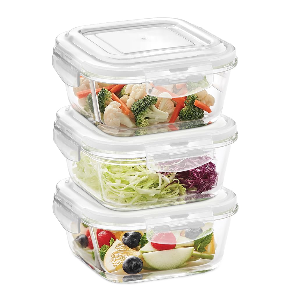 Borosil Klip N Store (800 Ml X 3) Square Glass Food Storage Container Set With Air Tight Lid | Borosilicate Glass Container For 