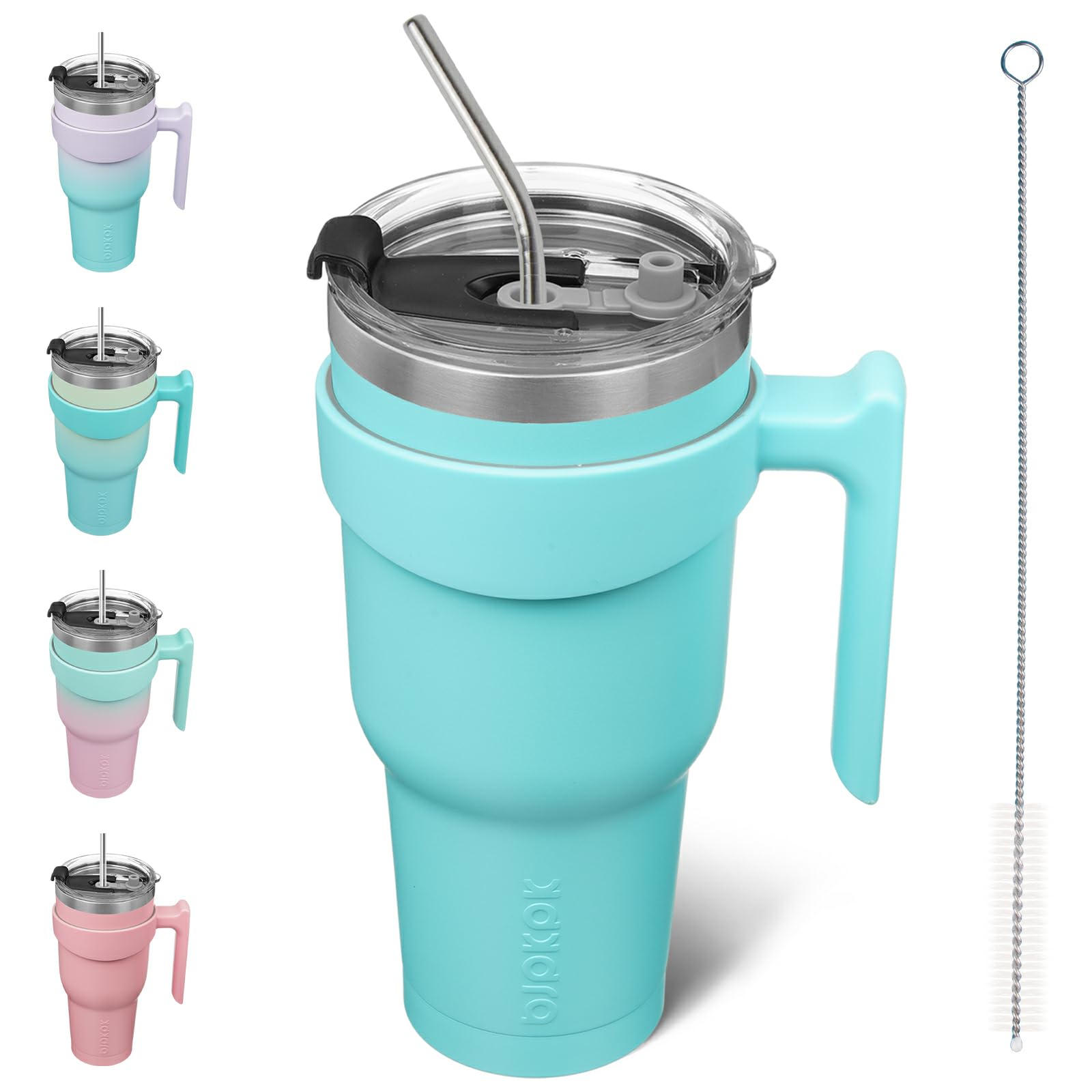 Bjpkpk Tumbler With Handle And Straw Lid 40 Oz Stainless Steel Insulated Coffee Tumbler Cups For Home, Office Or Car,Turquoise