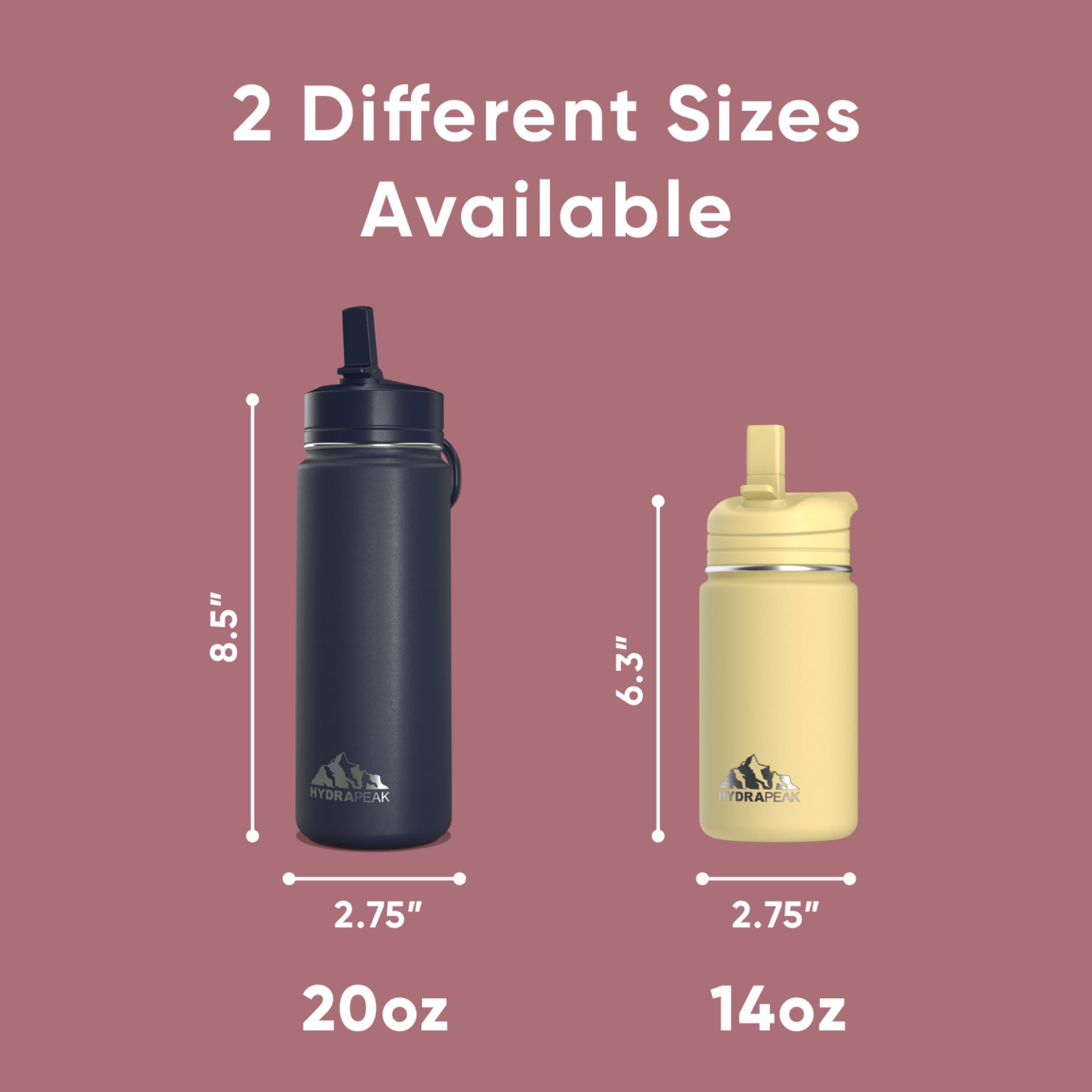 Hydrapeak Mini 14Oz Water Bottle With Straw Lid, Insulated Water Bottle, Water Bottle Stainless Steel, Water Bottles (Hot Pink)