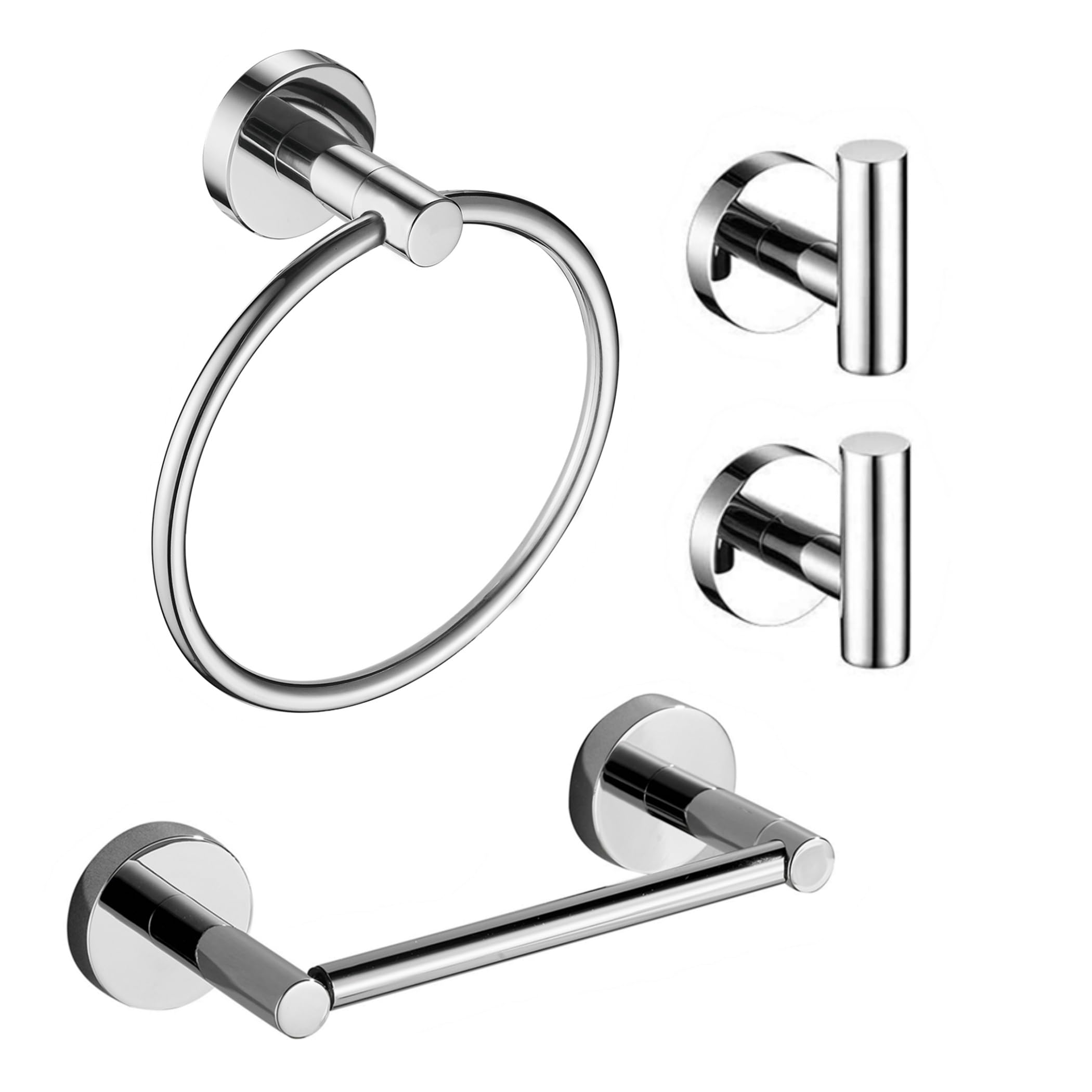 FAIRGIA Chrome Bathroom Hardware, Polished Silver Toilet Paper Holder Towel Ring 2 Robe Hook Wall Mount Hand Towel Holder Set Ti