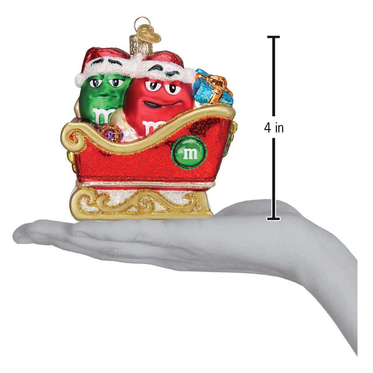 Old World Christmas M&M S in Sleigh Glass Blown Ornament for Christmas Tree, Handcrafted Holiday Decoration, M&Ms Collection
