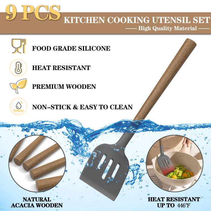 Silicone Kitchen Cooking Utensil Set  9Pcs Kitchen Utensils Spatula Set with Wooden Handle for Nonstick Cookware  446