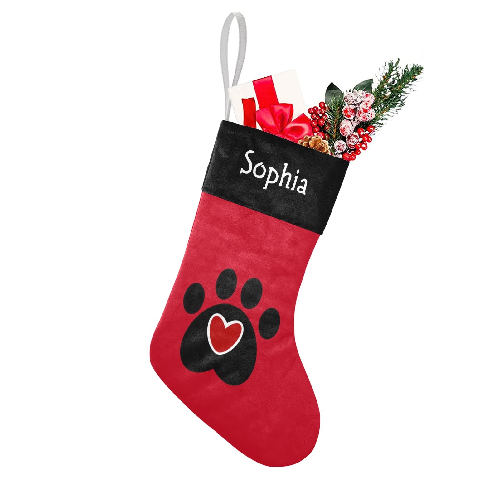 SunFancyCustom Paw Print Red Heart Christmas Stocking with Name Custom Xmas Stockings for Family Wedding Party Decor 17.52 x 7.8
