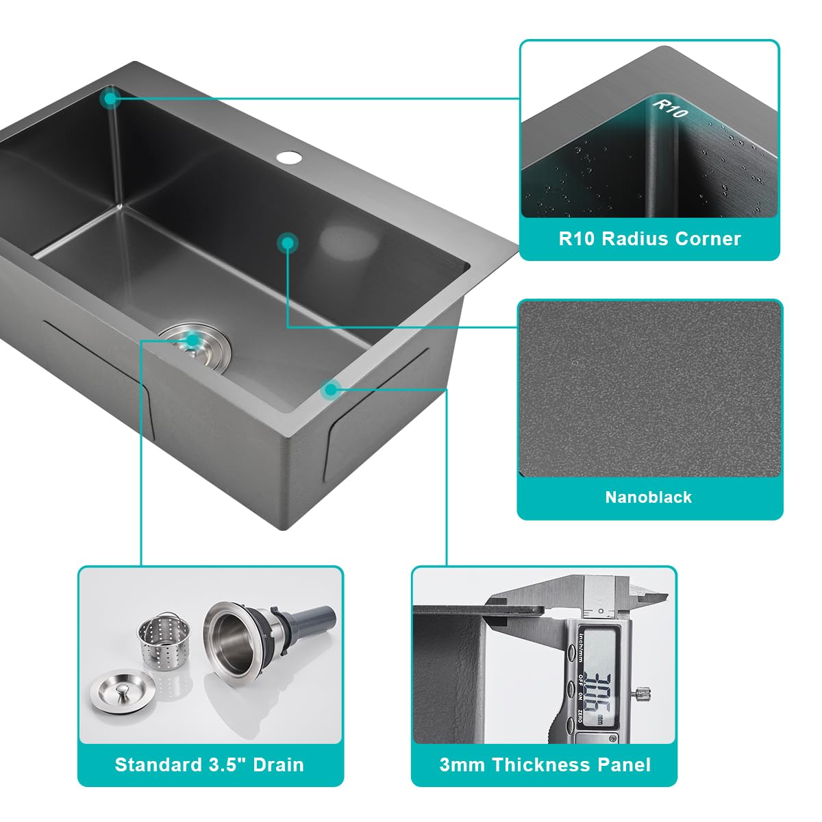 Tsibomu 28 X 18 Inch Drop In Kitchen Sink Single Faucet Hole, 18 Gauge 304 Stainless Steel Handmade Single Bowl Topmount Kitchen