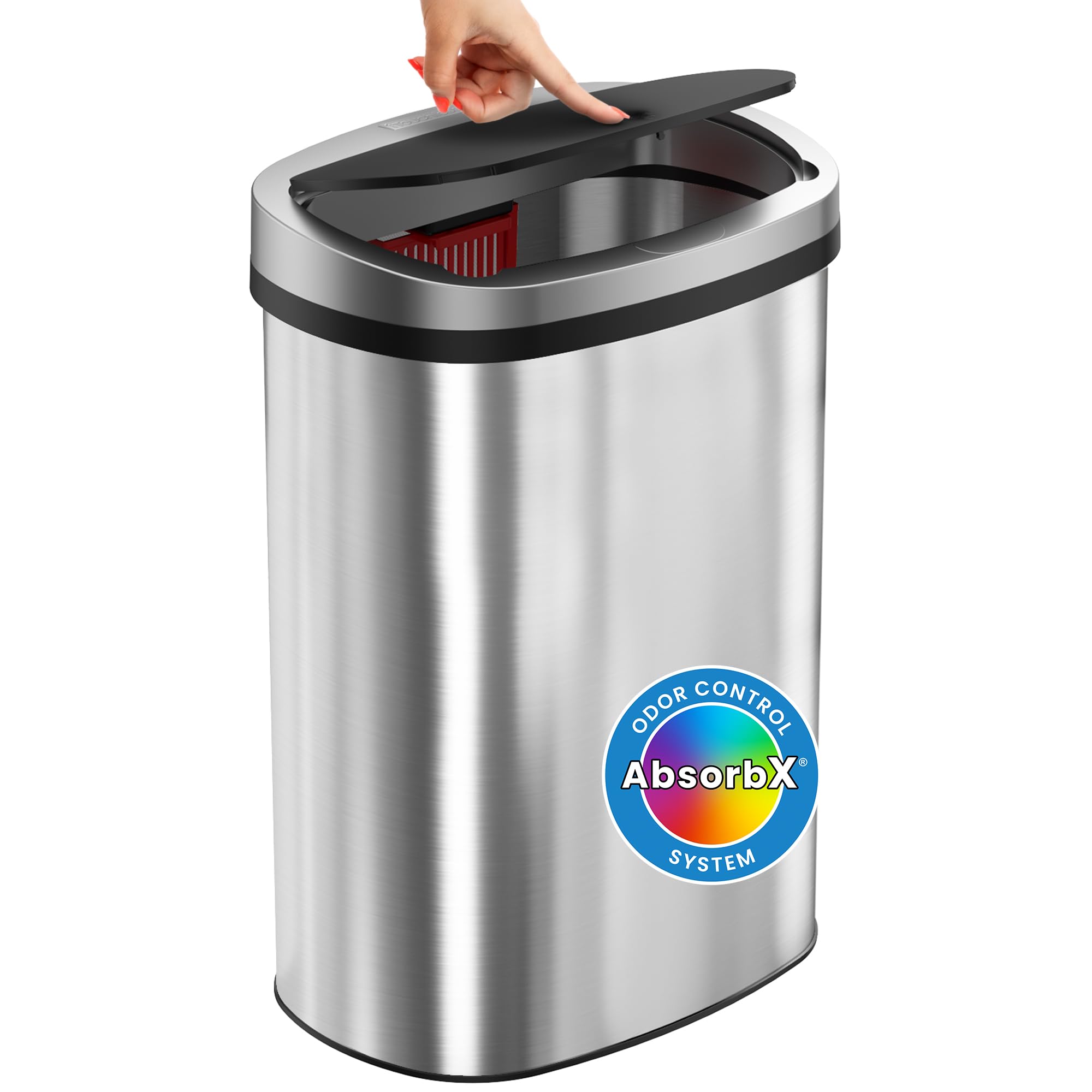 iTouchless Push-Top Lid 13 Gallon Trash Can with Odor Control System - Stainless Steel Garbage Bin, Press-Top, Soft-Close Spring