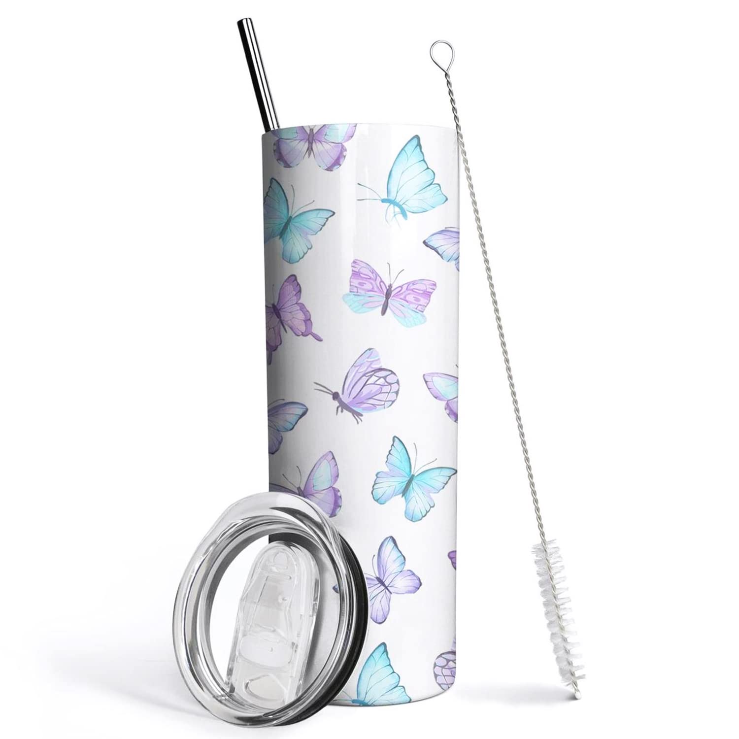 Mofvugz Butterfly Tumbler With Lid And Straw, Butterfly Gifts For Women, Purple Butterflies Cup Water Bottle Coffee Mug, Metal T