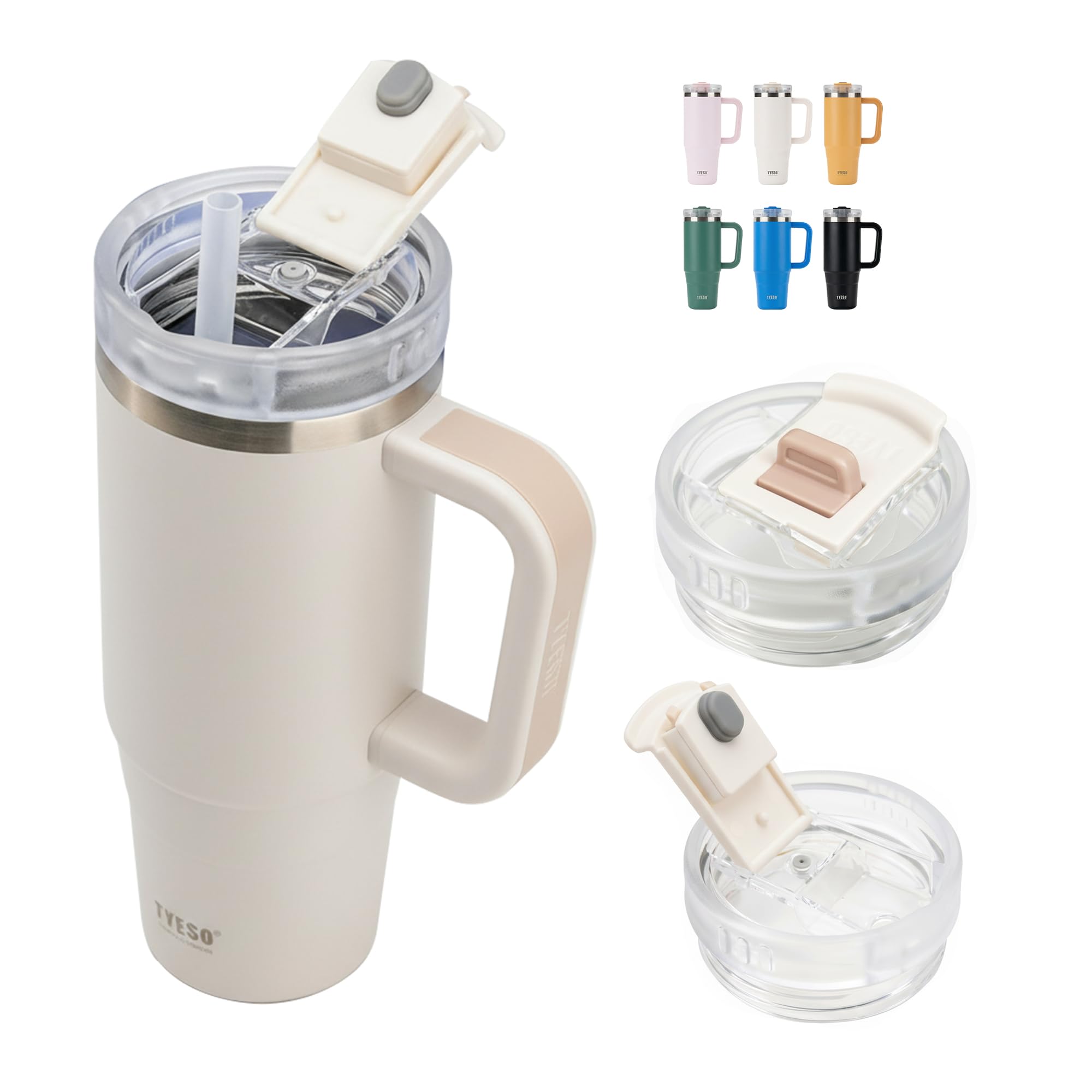 TYESO Vacuum Insulated Tumbler Water Bottle Cold Insulation Stainless Steel Bottle Straw Handle Mug Double Wall Wide Mouth (Whit