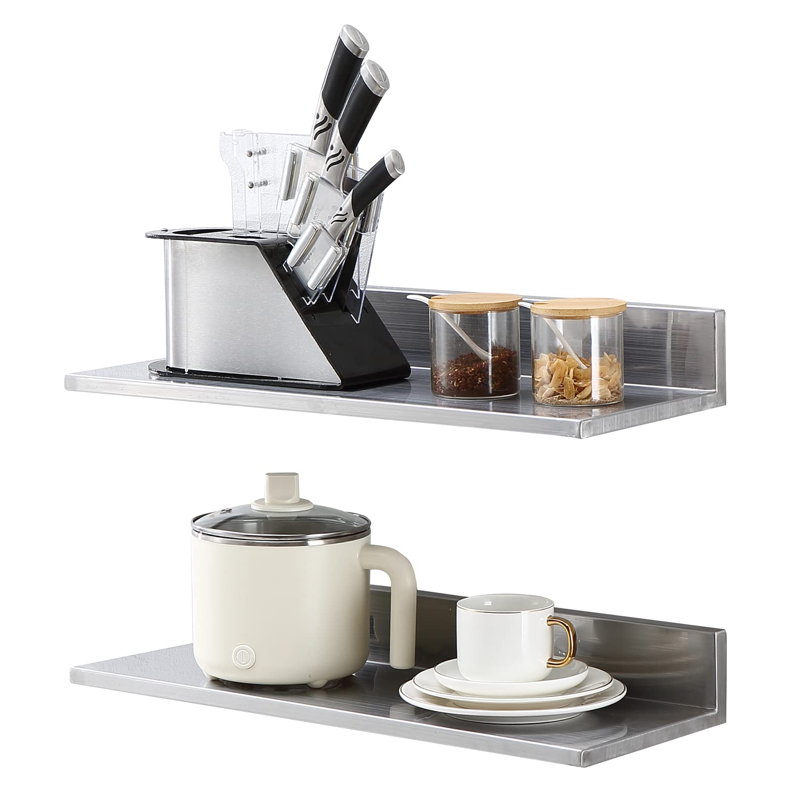 VEVOR Stainless Steel Shelf, Wall Mounted Floating Shelving with Brackets, Commercial Shelves, Heavy Duty Storage Rack for Resta