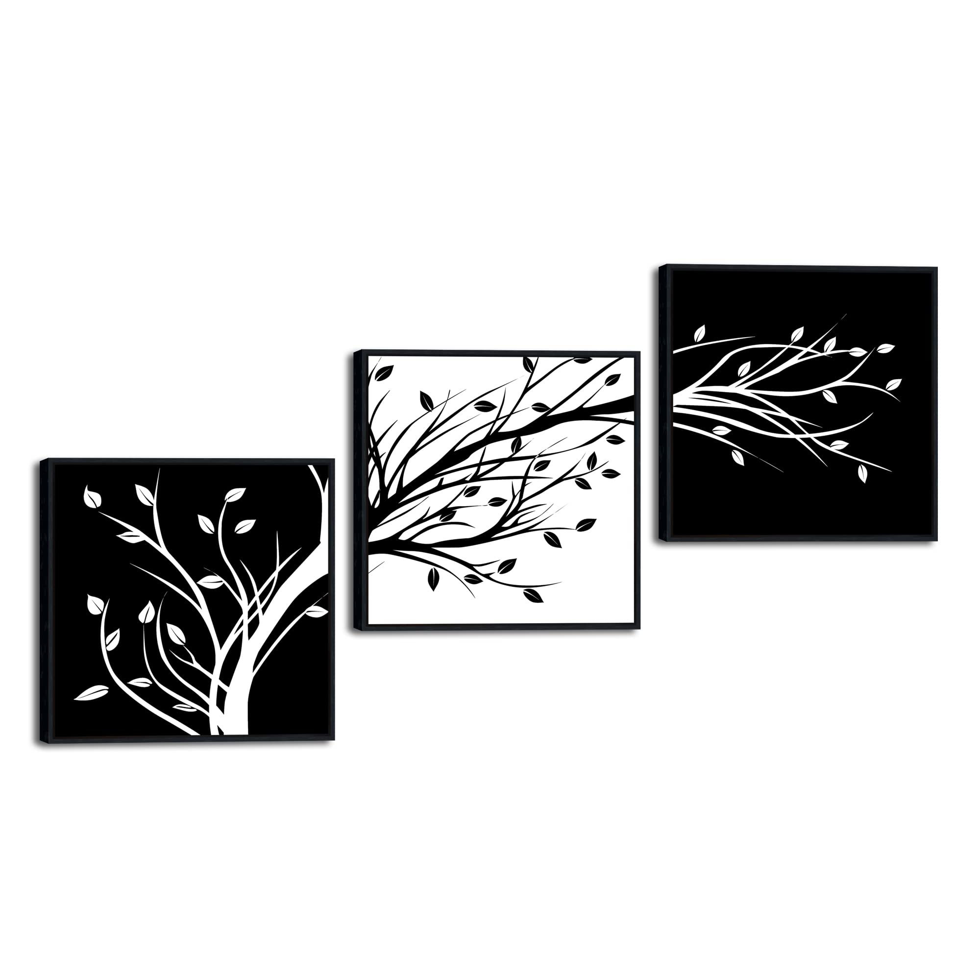 Wieco Art Black Framed Leaves Modern 3 Panels Flowers Artwork Black And White Abstract Floral Trees Canvas Prints Wall Art For L