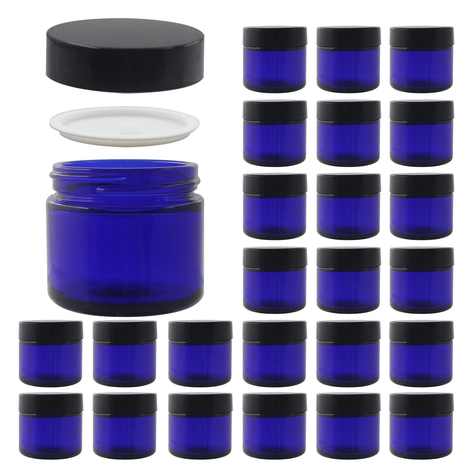 Bpfy 24 Pack 2 Oz Round Blue Glass Cosmetic Jars With Inner Liners And Black Lids, Travel Jars, Refillable Containers For Makeup