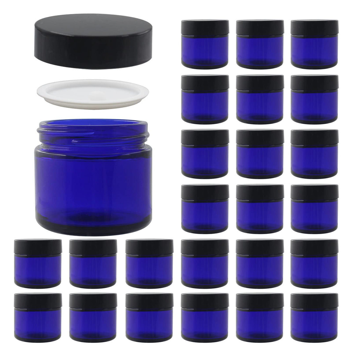 Bpfy 24 Pack 2 Oz Round Blue Glass Cosmetic Jars With Inner Liners And Black Lids, Travel Jars, Refillable Containers For Makeup