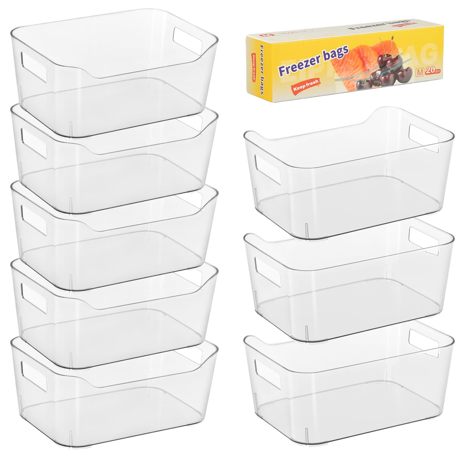 Heyuzb 8 Pack Plastic Organizer Bins and 20 Pcs Freezer Bags MultiUse Pantry Organizers and Storage Clear Storage Bins for Orga