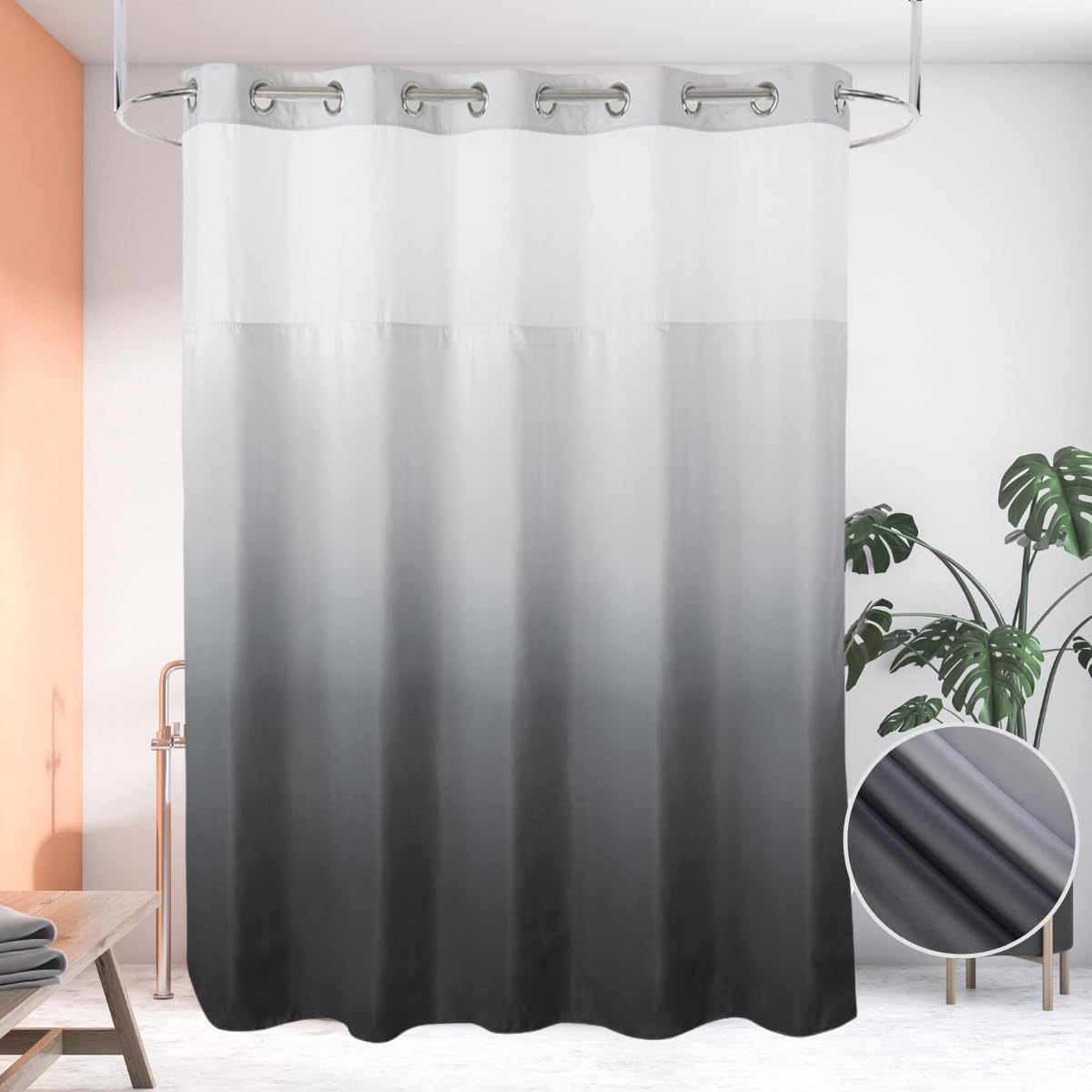Ecoehoe 71'' W X 79 L Hook Free Fabric Shower Curtain With Polyester Snap-In Liner With Magnets-Hotel Quality Top See Through Gr