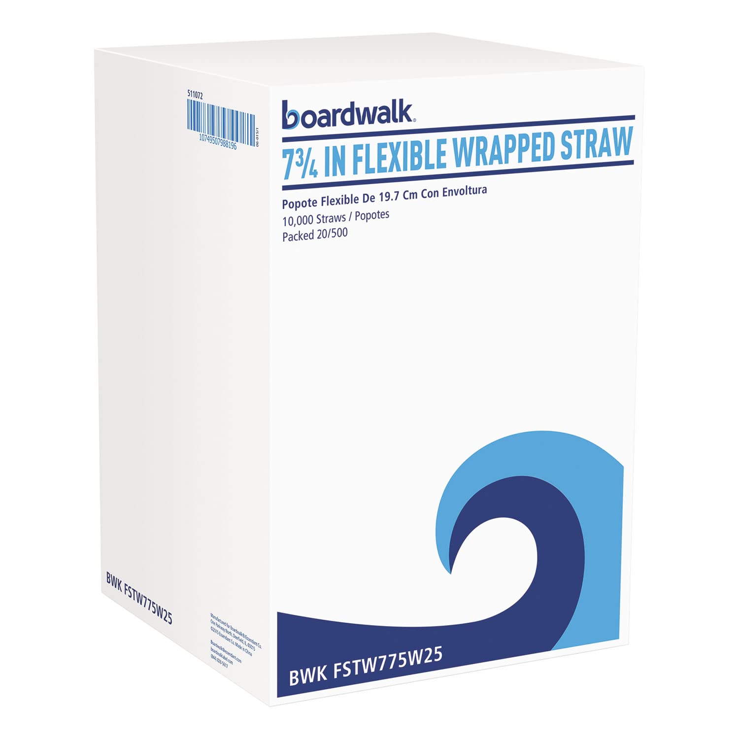 Boardwalk FSTW775W25 Flexible Wrapped Straws, 7 3/4Inch , White, 400/Pack, 25 Pack/Carton