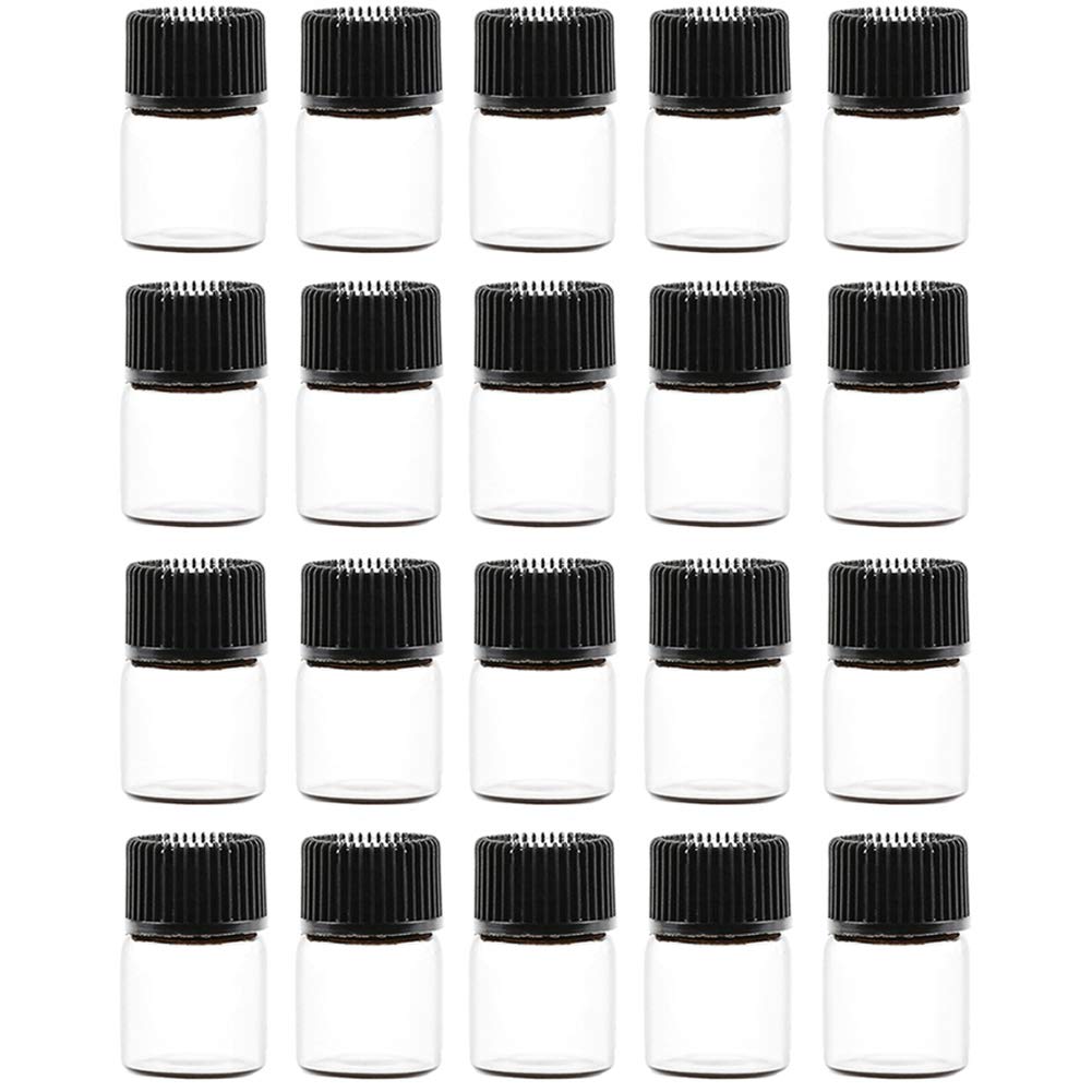 Teensery 20 Pcs 1ML Mini Glass Bottles Clear Essential Oil Vials Empty Cosmetic Sample Containers with Black Lid for Essential O