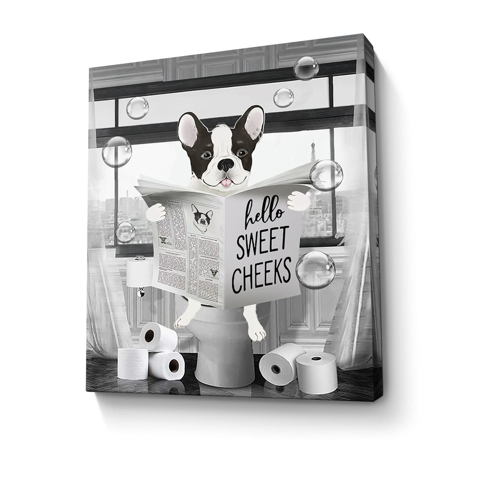 Funny Bulldog Wall Art Black And White Dog Bathroom Print Farmhouse Bathroom Animals Wall Decor Dog Sitting In Toilet Reading Ne