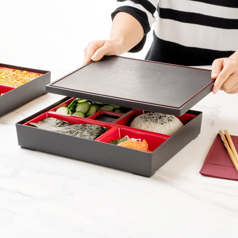 Restaurantware Bento Tek Rectangle Black & Red Large Japanese Style Bento Box - 5 Compartments - 12 1/4'' X 9 3/4'' X 2 1/4'' -