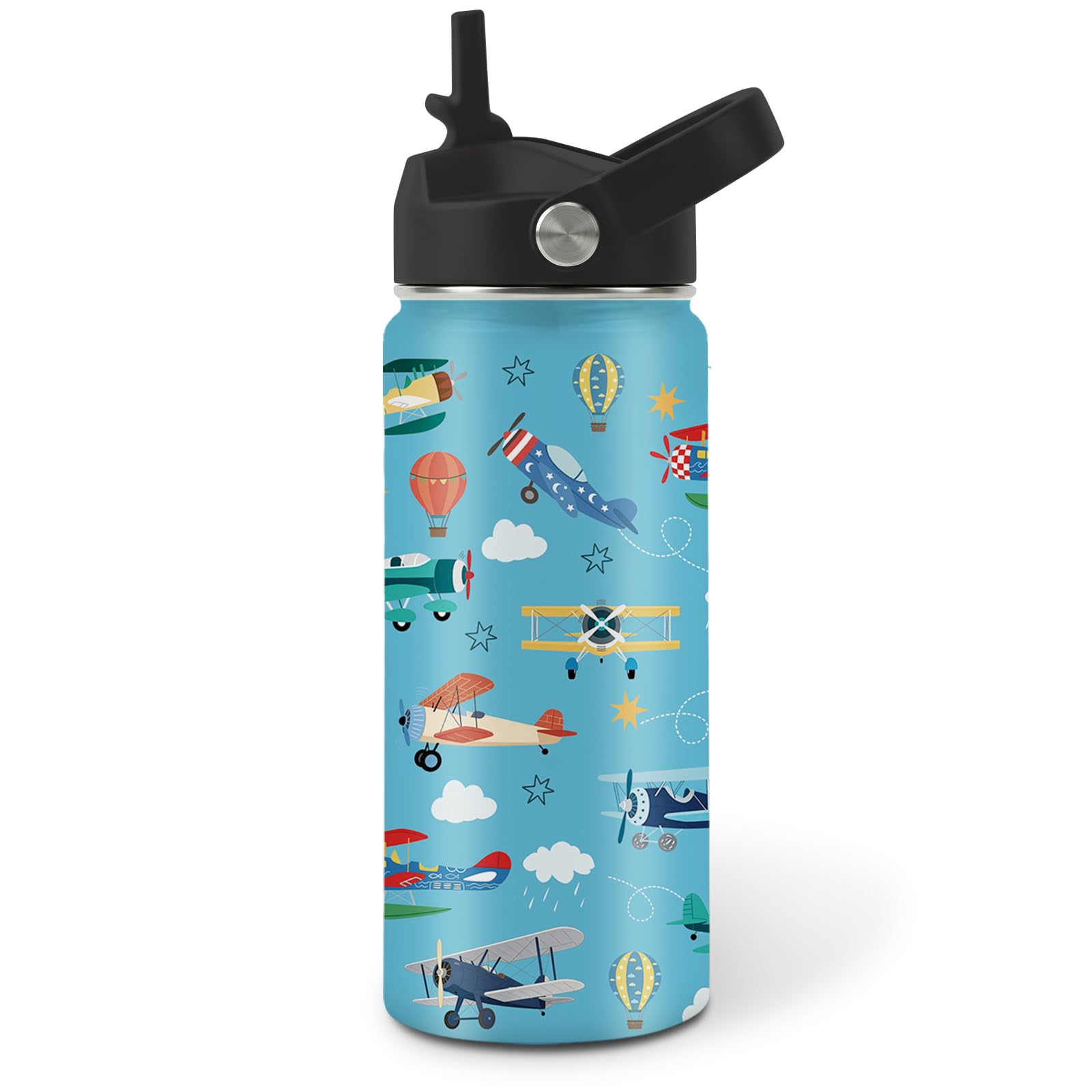 Uibunoo Airplane 16 oz Water Bottle, with Lids Handle Straw, Insulated Cup