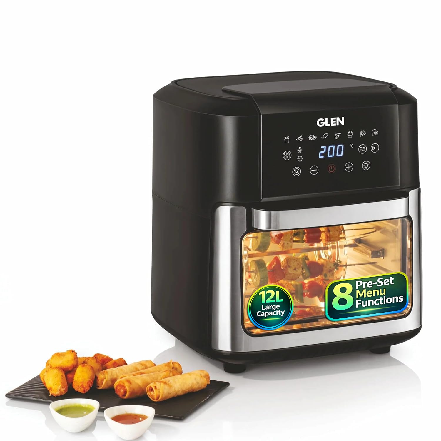 Glen Digital Air Fryer Oven 12 Litre, 2000W | With Rotisserie | 8 Presets, Digital Display & Controls | All In One Airfryer Oven