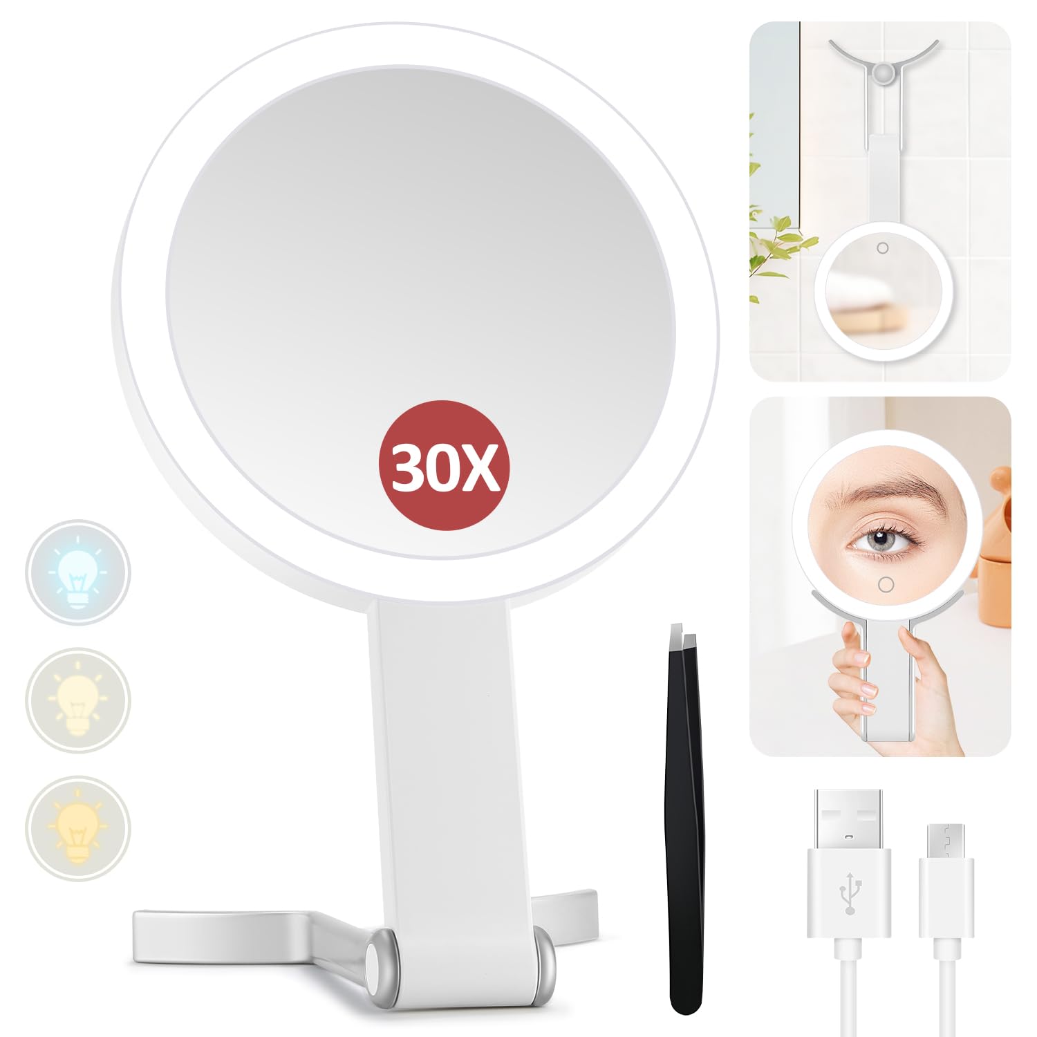 Miyadiva Lighted Makeup Mirror, 30X Magnifying Mirror With Light And Adjustable Brightness, Hanging And Handheld Mirror With Han