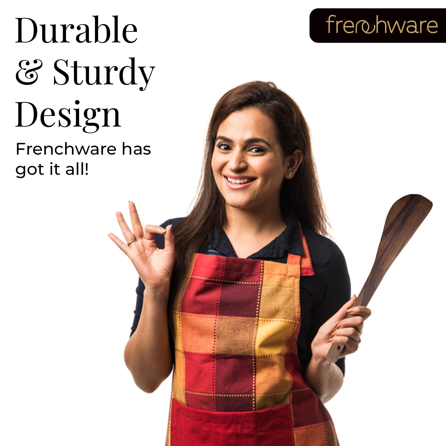 Frenchware (Set Of 4, Brown) Pure Sheesham Wood Spoons And Spatula For Non Stick Cookware Used For Cooking, Baking & Mixing, Sea