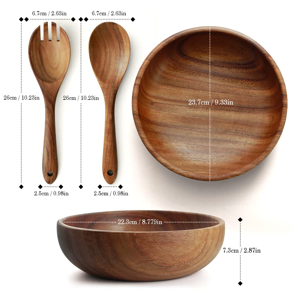 Aoosy Wooden Salad Bowls, Large Acacia Wood Salad Serving Bowl With Serving Tongs, 9.3'' D X 2.8'' H Round Bowls Set For Mixing