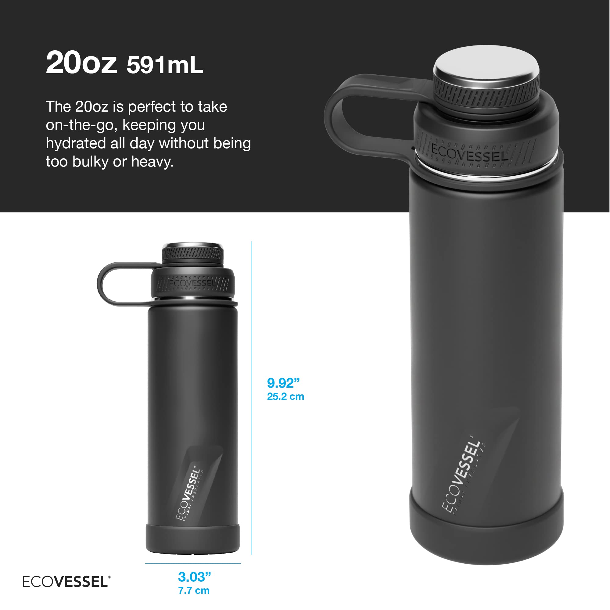 Ecovessel Stainless Steel Water Bottle With Insulated Dual Lid, Insulated Water Bottle With Strainer And Silicone Bottle Bumper,