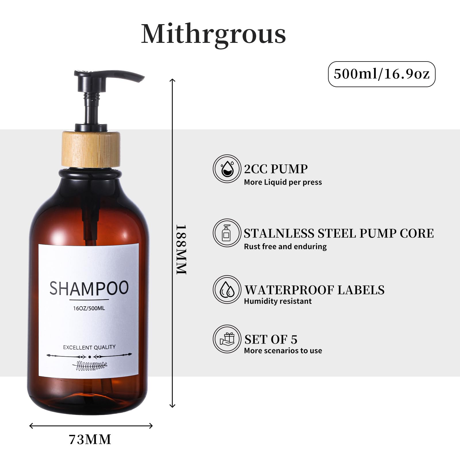 Shampoo And Conditioner Dispenser, 5Pack Refillable Shampoo And Conditioner Bottles,16.9Oz Pump Bottles For Shampoo And Conditio