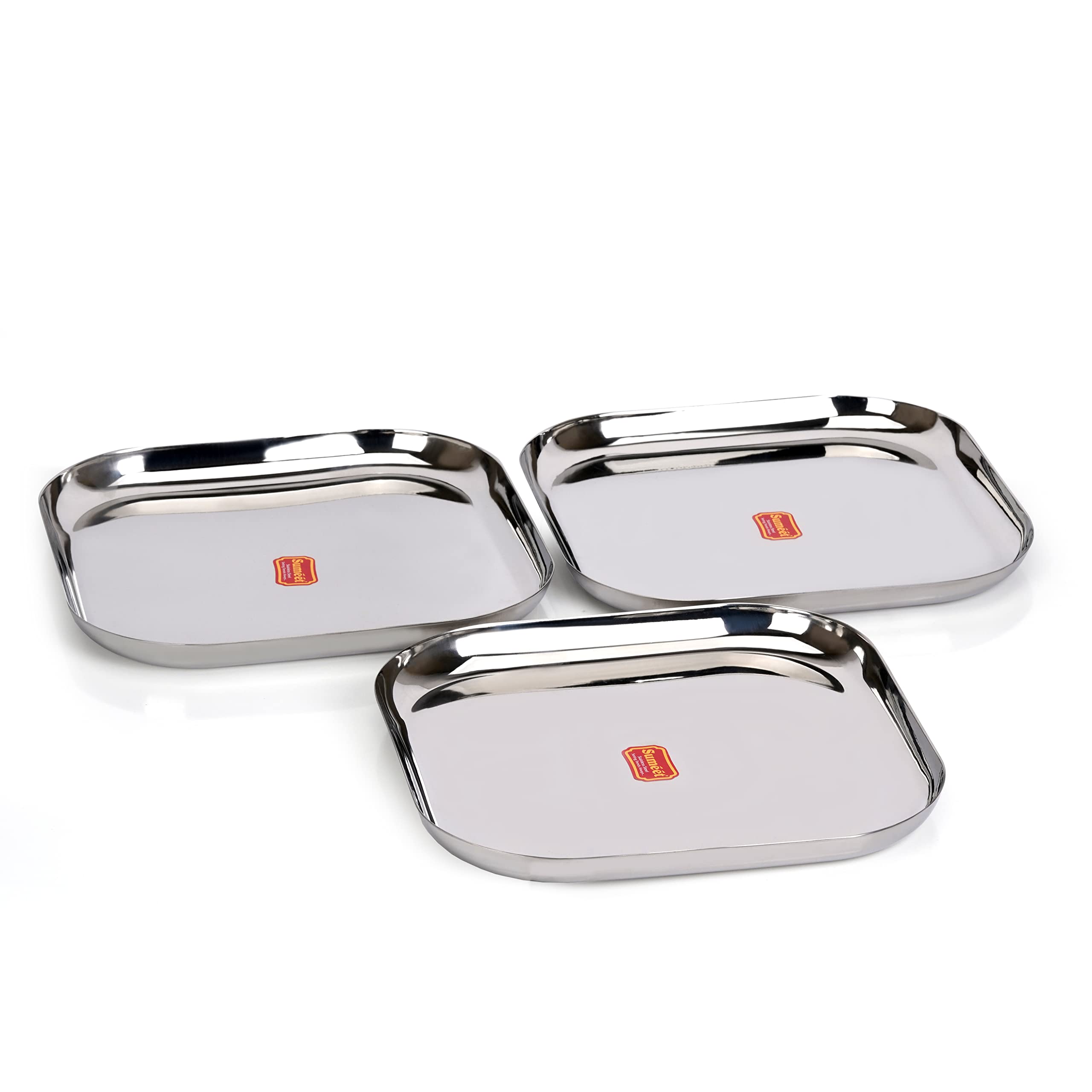 Sumeet Stainless Steel Big Square Shape Plate Dinner Plate Lunch - Meal Plate Set of 3pcs  28cm dia  Silver
