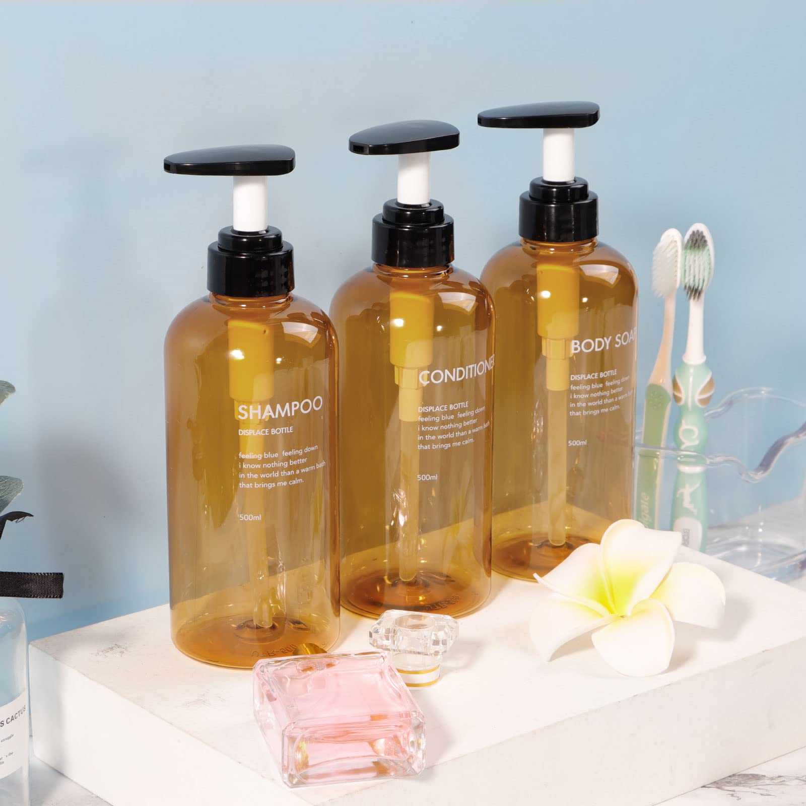 Yeeco Brown Shampoo Bottles Refillable, Shower Dispenser 16.9Oz/500Ml, Shampoo And Conditioner Bottles 3 Packs, Shampoo Dispense