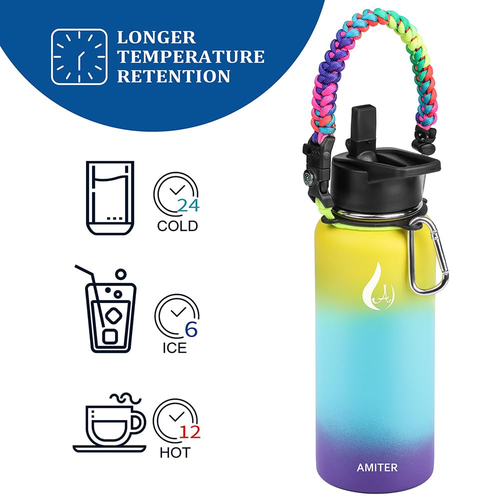 Amiter Insulated Bottle With Straw & Spout Lid, Wide Mouth Stainless Steel Water Bottles With Paracord Handle - 22Oz