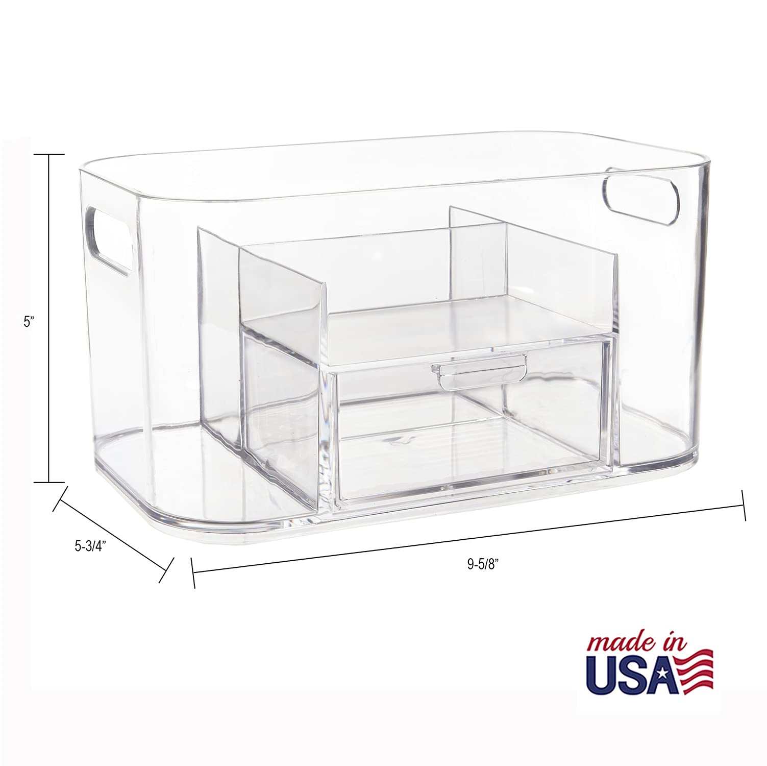 STORi Bliss 4-Compartment Plastic Vanity Organizer with Small Accessory Drawer in Clear | Rectangular Makeup  Skincare  & Cosmetic Storage Bin with Pass-Through Handles | Made in USA