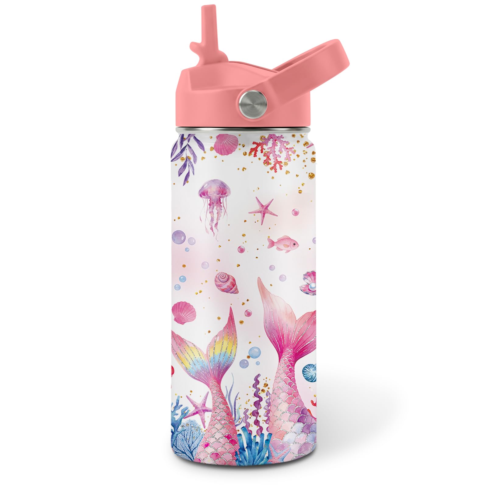 Uibunoo Mermaids 16 oz Water Bottle, with Lids Handle Straw, Insulated Cup