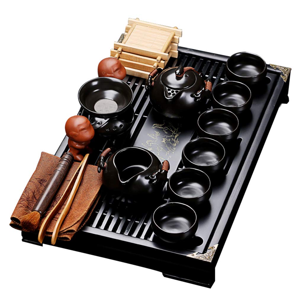 Fanquare Chinese Black Ceramic Kung Fu Tea Set With Tea Tray And Small Tea Tools,Porcelain Tea Service
