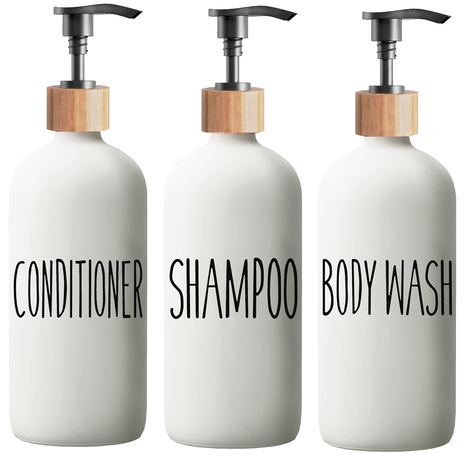 Shampoo And Conditioner Dispenser Set - Easy To Read Labels - Pump Bottle Dispenser For Shampoo, Conditioner, Body Wash - Glass