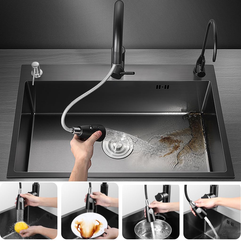 Artline Black Kitchen Sink, Stainless Steel Single Bowl Sink, Drop In/Topmount Workstation Sink With Sliding Accessories, Farmho