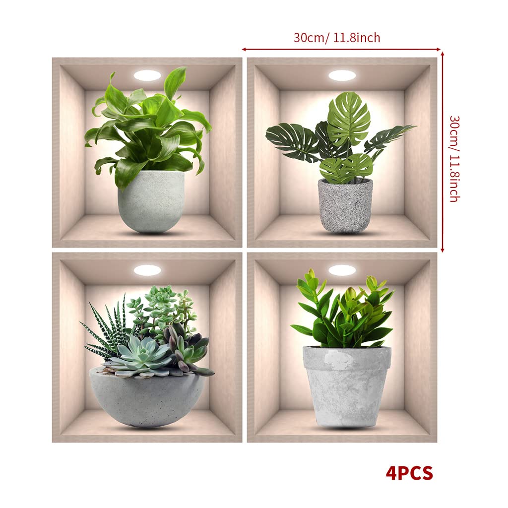 Imagitek 4 Pack 3D Green Plants Wall Stickers Botanical Plants Wall Decals For Bedroom Living Room Kitchen